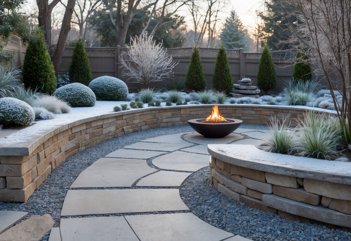 20+ Winter Garden Ideas to Transform Your Home in the US 9 A winter garden with a stone patio, fire pit, frost-covered plants, and pathways surrounded by trees and shrubs.