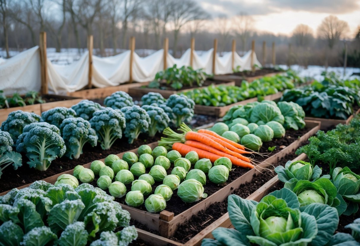 20+ Winter Garden Ideas to Transform Your Home in the US 10 A winter vegetable garden with frost-covered leafy greens and root vegetables growing in raised beds under a cloudy sky.