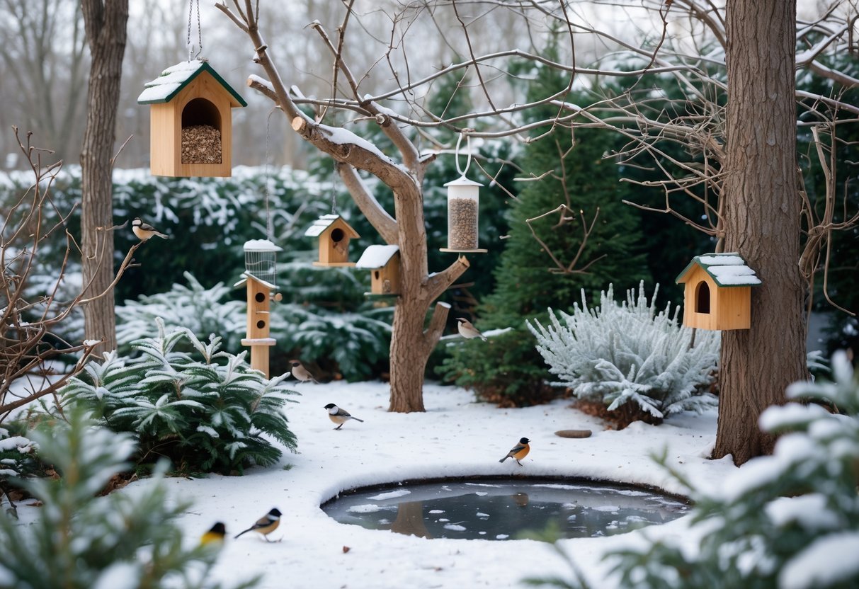 20+ Winter Garden Ideas to Transform Your Home in the US 11 A winter garden with snow-covered plants, bird feeders, birdhouses, a birdbath, and small birds perched and feeding.