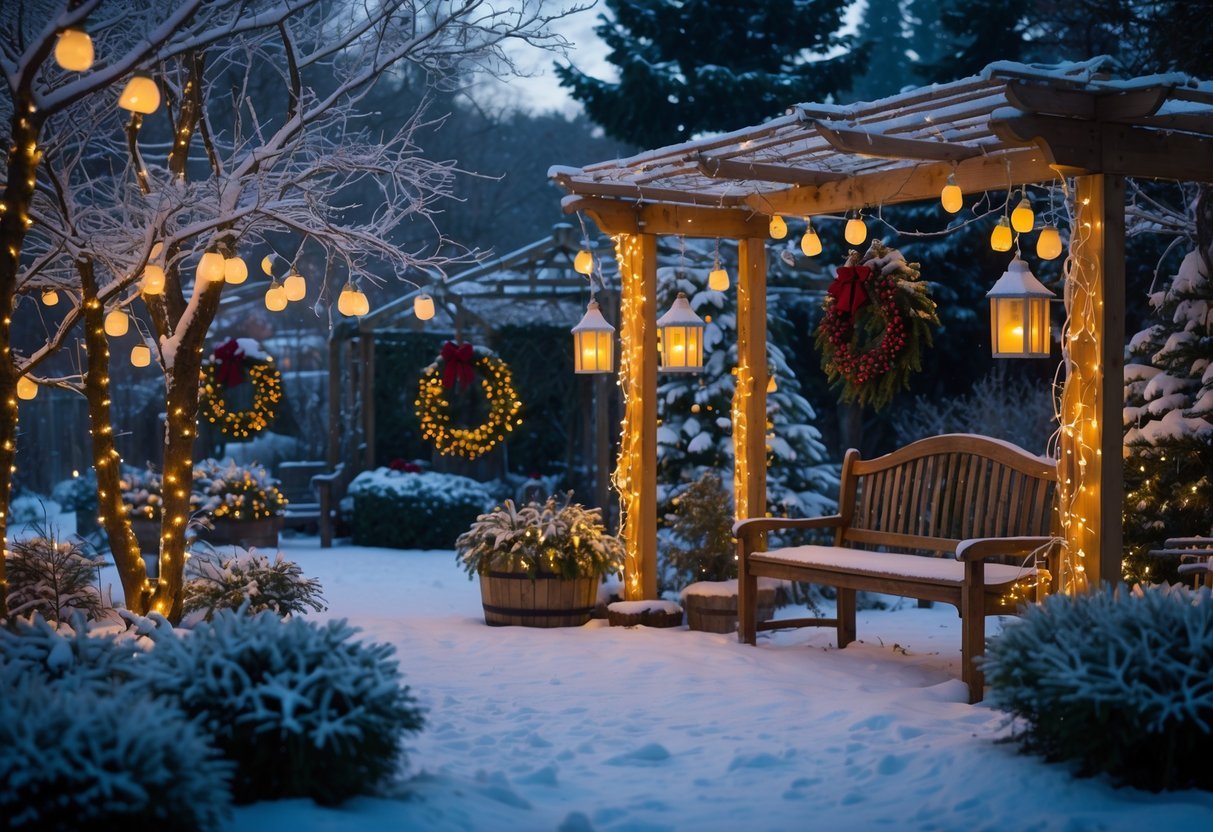 20+ Winter Garden Ideas to Transform Your Home in the US 12 A winter garden decorated with warm white fairy lights, lanterns, wreaths, and icicle lights, with snow on the trees and ground.