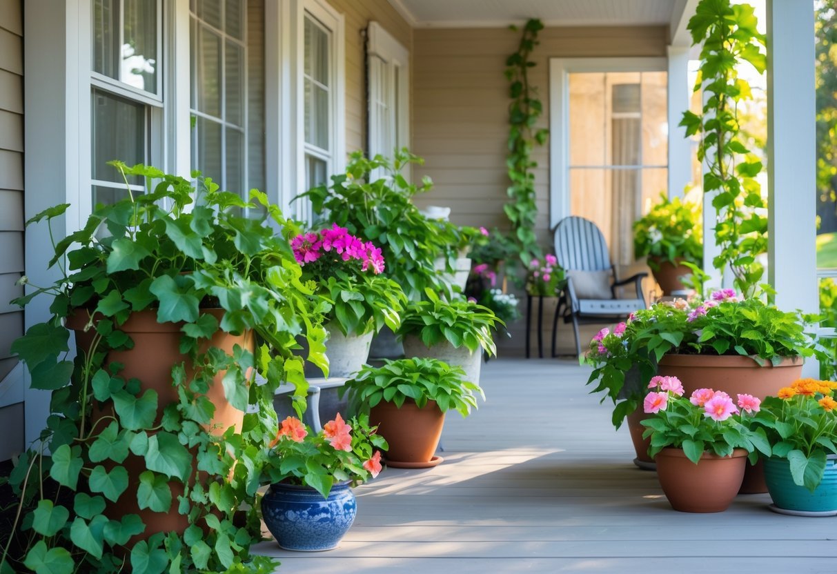 24+ Front Porch Plants Perfect for Enhancing Your US Home’s Curb Appeal 2 Front porch with various potted plants and flowers arranged on a wooden floor next to a house wall.