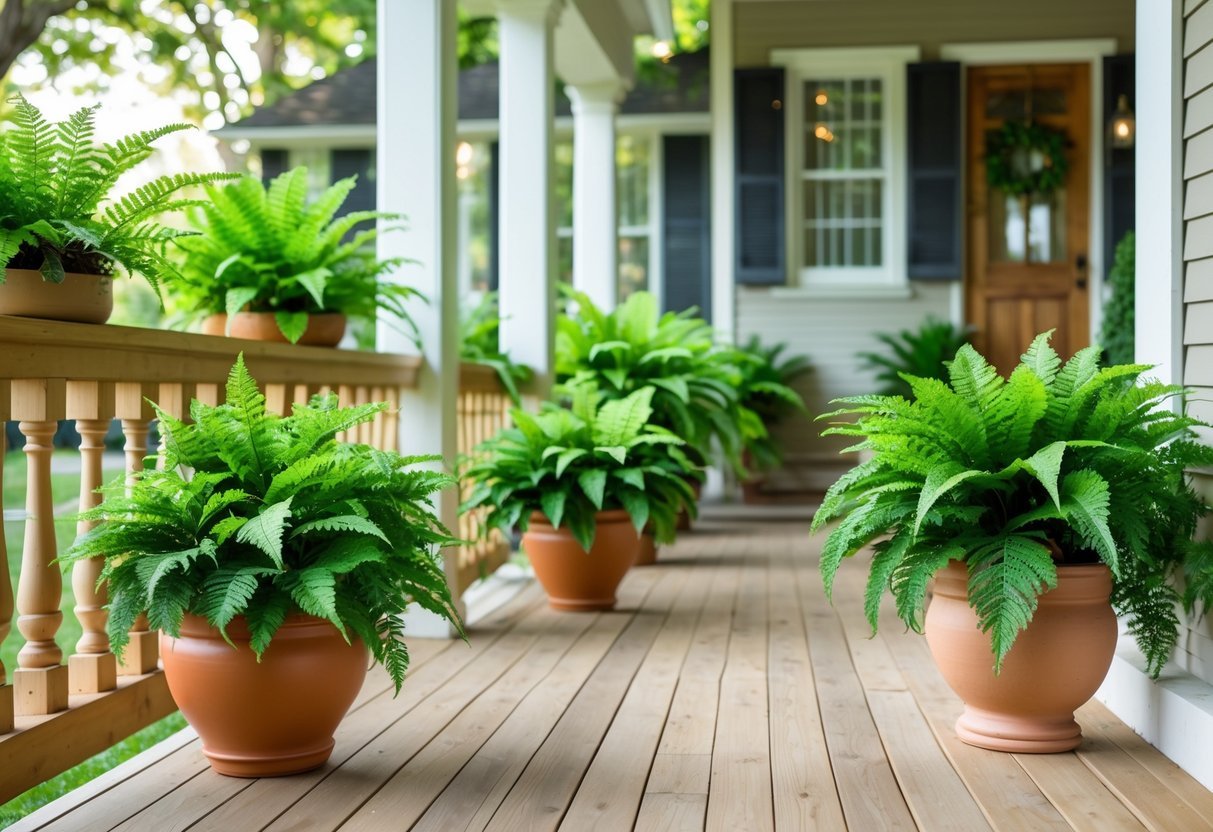 24+ Front Porch Plants Perfect for Enhancing Your US Home’s Curb Appeal 3 A front porch with several Boston Fern plants in pots arranged along the railing and floor.