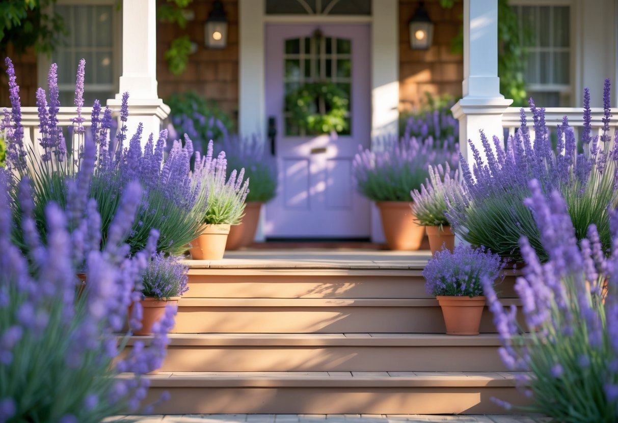 24+ Front Porch Plants Perfect for Enhancing Your US Home’s Curb Appeal 4 A front porch decorated with pots of blooming lavender plants along the steps and railing.