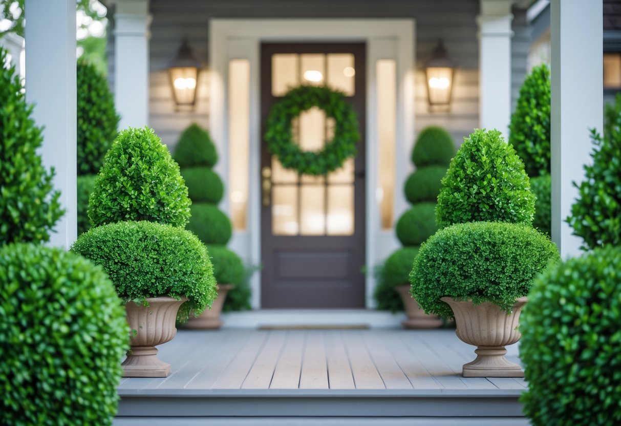 24+ Front Porch Plants Perfect for Enhancing Your US Home’s Curb Appeal 5 Front porch with neatly trimmed boxwood plants in pots on either side of the entrance.