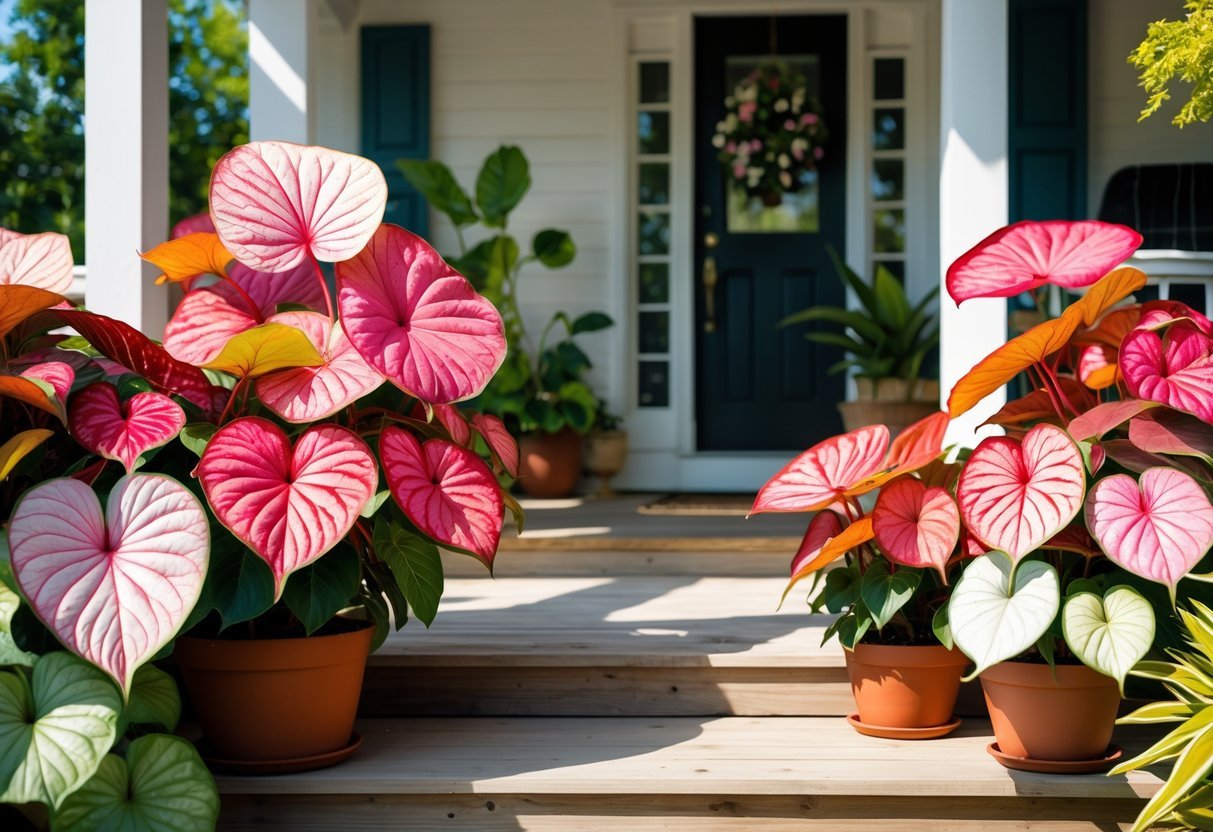 24+ Front Porch Plants Perfect for Enhancing Your US Home’s Curb Appeal 6 Front porch with vibrant caladium plants in pots displaying colorful heart-shaped leaves.
