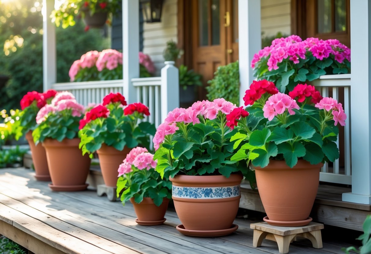 24+ Front Porch Plants Perfect for Enhancing Your US Home’s Curb Appeal 7 A front porch with pots of blooming red and pink geranium plants arranged along a wooden floor and white railing.