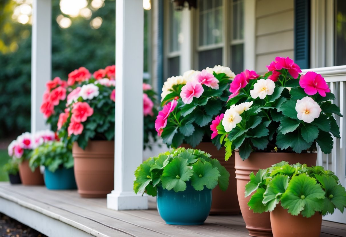 24+ Front Porch Plants Perfect for Enhancing Your US Home’s Curb Appeal 8 A front porch decorated with several pots of blooming begonia plants in various colors.