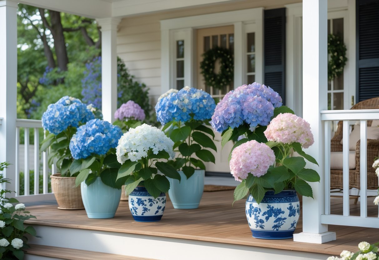 24+ Front Porch Plants Perfect for Enhancing Your US Home’s Curb Appeal 9 Seven hydrangea plants with colorful flowers arranged on a front porch with wooden flooring and a wicker chair.