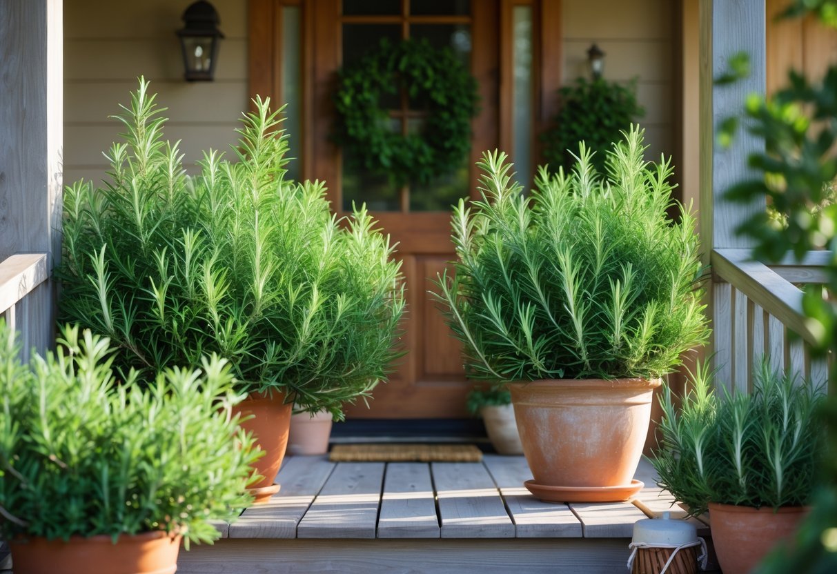 24+ Front Porch Plants Perfect for Enhancing Your US Home’s Curb Appeal 10 A front porch with several pots of healthy rosemary plants near a wooden door.