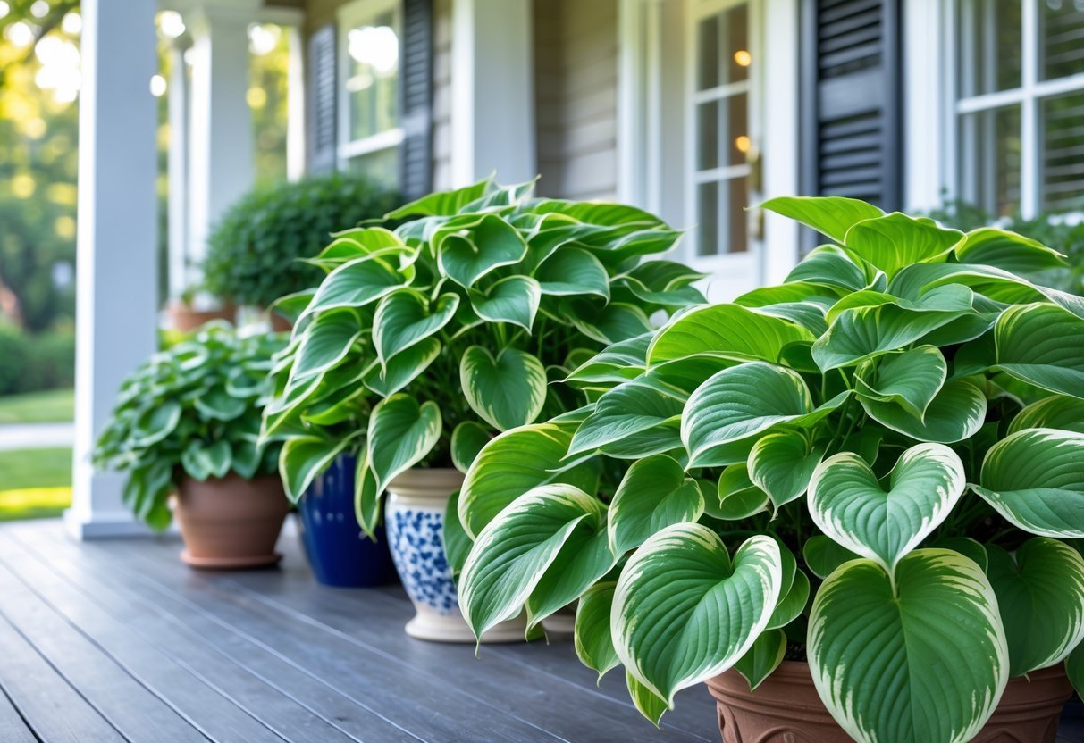 24+ Front Porch Plants Perfect for Enhancing Your US Home’s Curb Appeal 11 Front porch with multiple potted hosta plants featuring broad green leaves near a wooden floor and house entrance.
