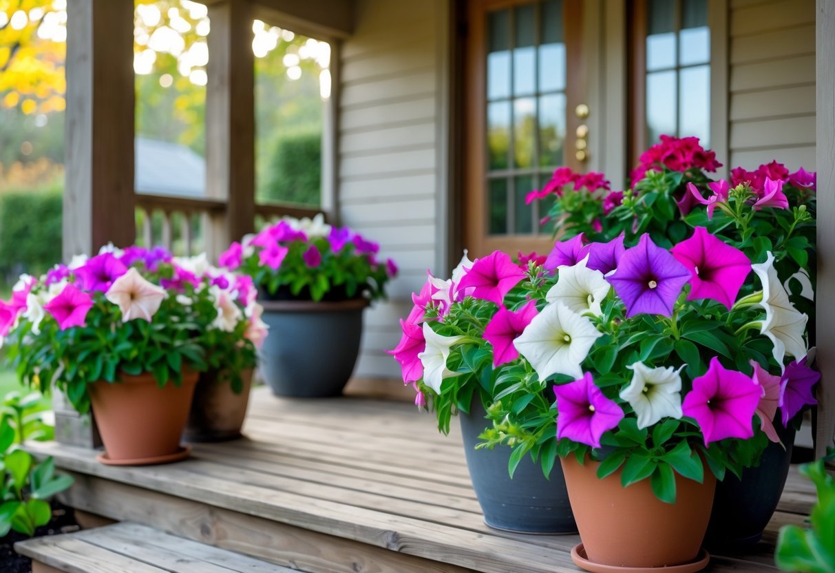 24+ Front Porch Plants Perfect for Enhancing Your US Home’s Curb Appeal 12 Front porch with multiple pots of blooming petunia plants in various colors.