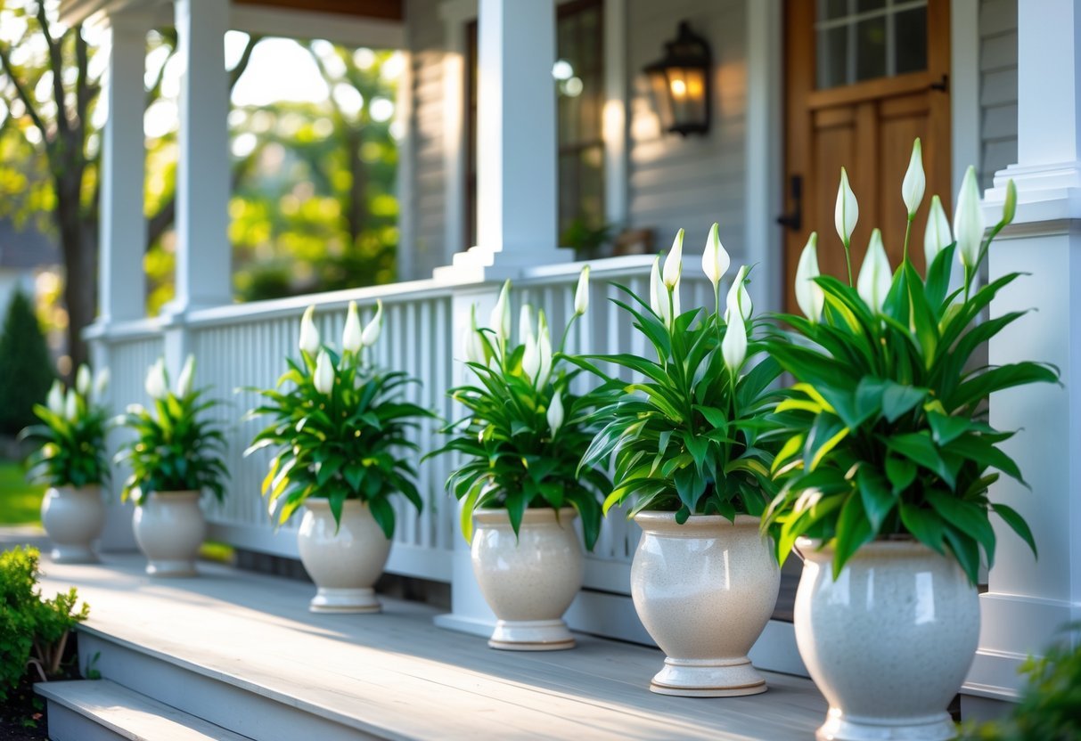 24+ Front Porch Plants Perfect for Enhancing Your US Home’s Curb Appeal 13 Front porch with several Peace Lily plants in pots arranged along the steps and railing.