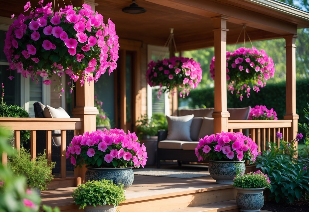 24+ Front Porch Plants Perfect for Enhancing Your US Home’s Curb Appeal 14 A front porch decorated with vibrant fuchsia plants hanging in pots and arranged near the steps.