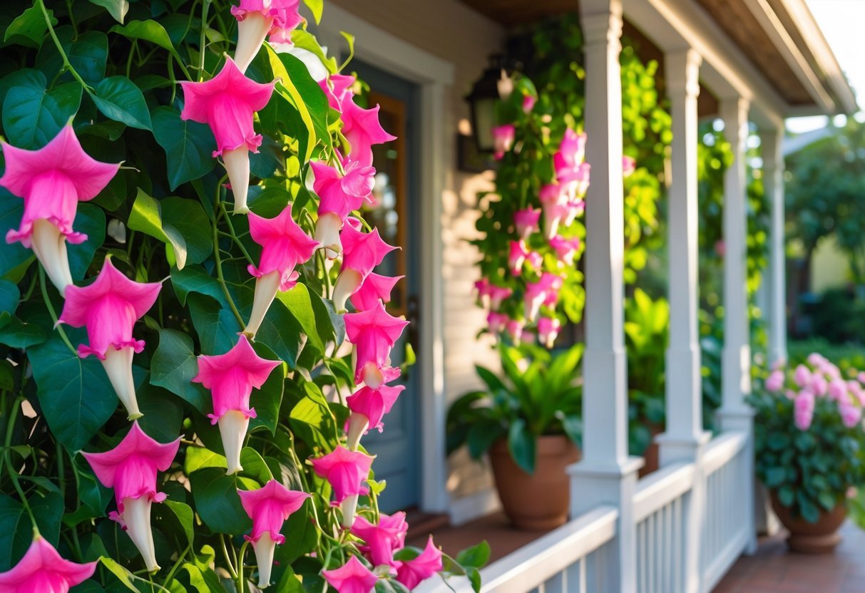 24+ Front Porch Plants Perfect for Enhancing Your US Home’s Curb Appeal 15 A front porch decorated with blooming Mandevilla plants featuring pink and white flowers and green leaves.