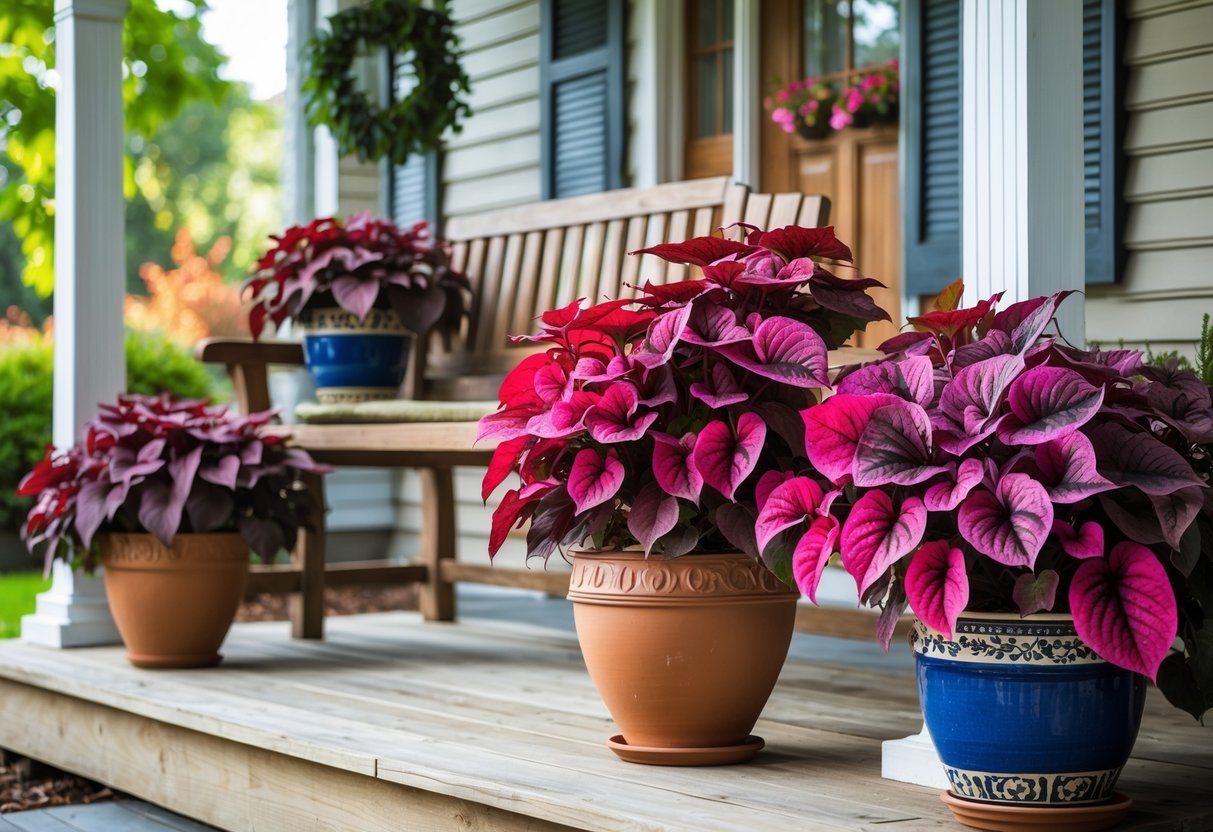 24+ Front Porch Plants Perfect for Enhancing Your US Home’s Curb Appeal 16 Front porch with colorful coleus plants in pots and a wooden bench.