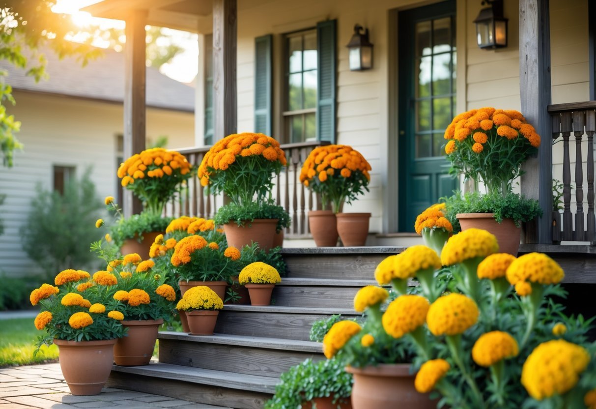 24+ Front Porch Plants Perfect for Enhancing Your US Home’s Curb Appeal 17 Front porch decorated with bright orange and yellow marigold plants in pots along the steps and railing.
