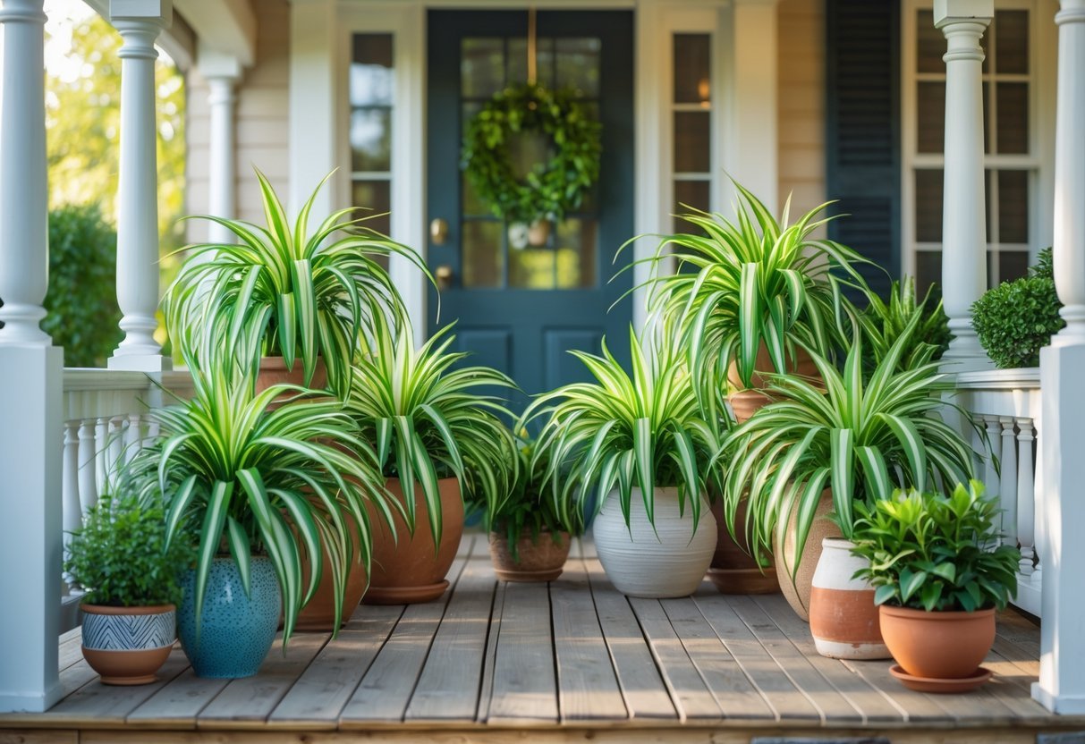 24+ Front Porch Plants Perfect for Enhancing Your US Home’s Curb Appeal 18 Sixteen spider plants in pots arranged on a wooden front porch with white railings and a front door in the background.