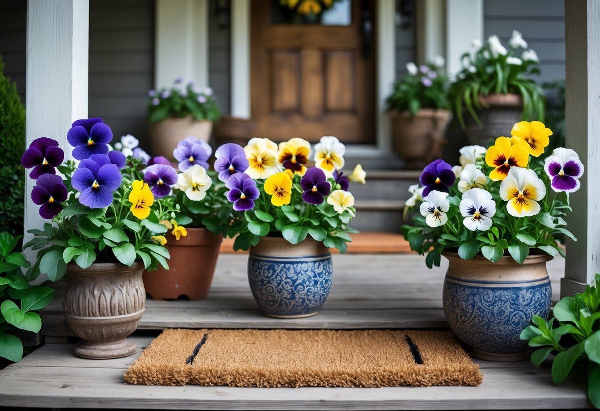 24+ Front Porch Plants Perfect for Enhancing Your US Home’s Curb Appeal 19 Colorful pansy flowers in pots arranged on a wooden front porch near a house entrance.