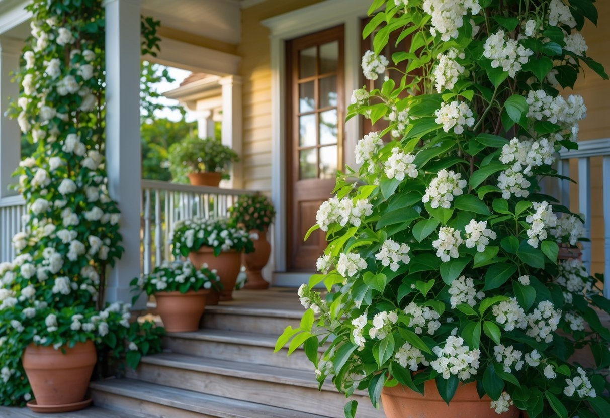 24+ Front Porch Plants Perfect for Enhancing Your US Home’s Curb Appeal 20 Front porch decorated with green jasmine plants and white jasmine flowers in pots and planters.