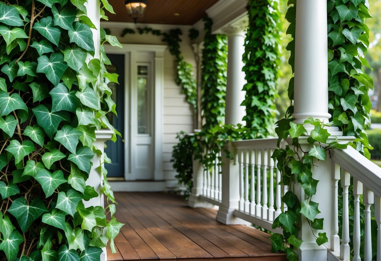 24+ Front Porch Plants Perfect for Enhancing Your US Home’s Curb Appeal 21 A front porch decorated with green English Ivy plants climbing along the railing and columns.