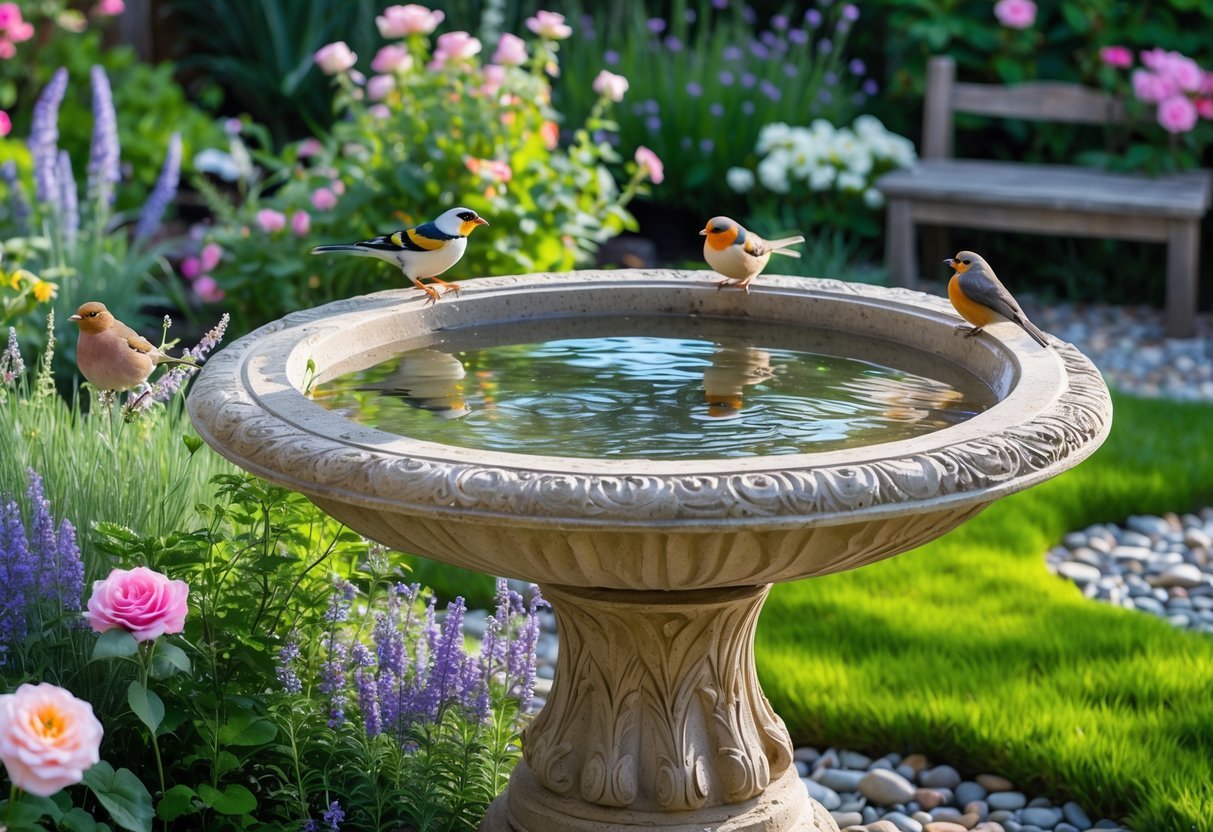 21+ Bird Bath Garden Ideas: Stunning Designs to Attract Wildlife and Enhance Your Yard 2 A stone bird bath filled with water surrounded by flowers and green plants, with small birds perched nearby in a garden.