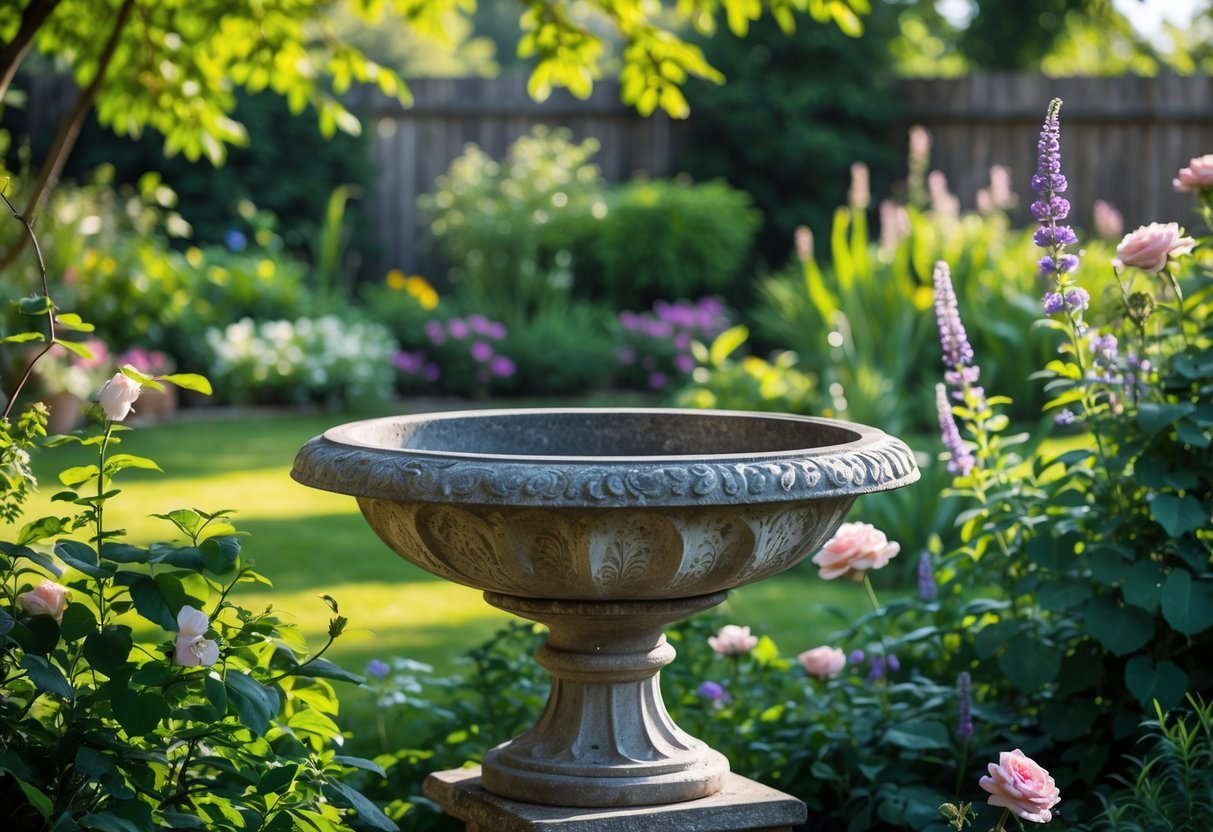 21+ Bird Bath Garden Ideas: Stunning Designs to Attract Wildlife and Enhance Your Yard 3 A classic stone bird bath surrounded by green plants and colorful flowers in a garden.
