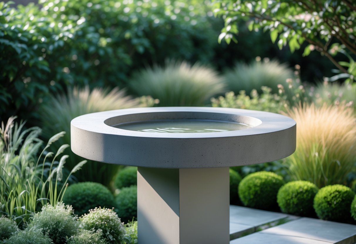 21+ Bird Bath Garden Ideas: Stunning Designs to Attract Wildlife and Enhance Your Yard 4 A modern bird bath in a garden surrounded by green plants and flowers.