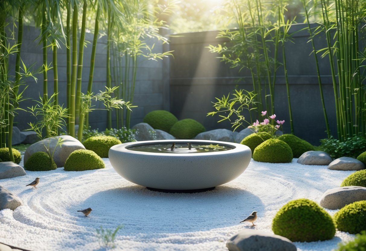 21+ Bird Bath Garden Ideas: Stunning Designs to Attract Wildlife and Enhance Your Yard 5 A stone bird bath surrounded by bamboo, moss-covered rocks, flowering shrubs, and raked gravel with small birds perched on the edge.
