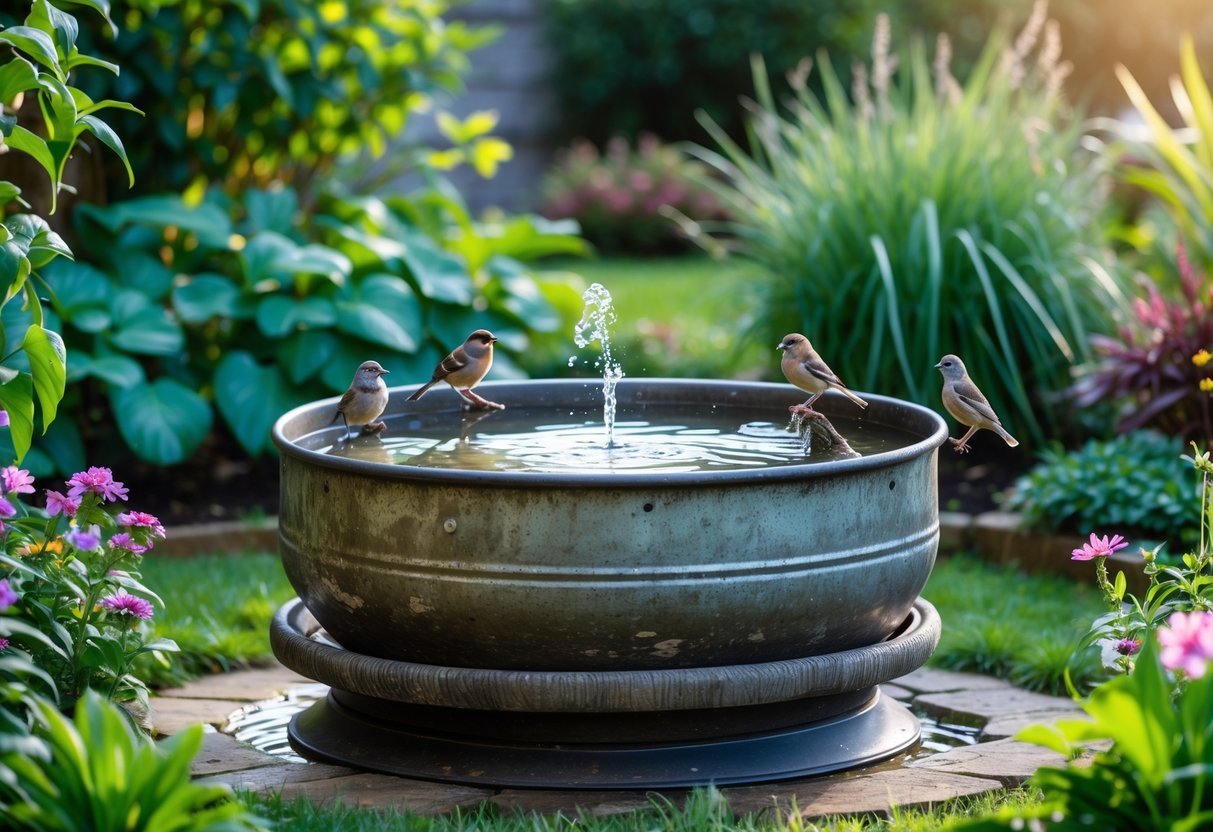 21+ Bird Bath Garden Ideas: Stunning Designs to Attract Wildlife and Enhance Your Yard 6 A garden scene with a bird bath made from a repurposed container surrounded by plants and small birds drinking and bathing.