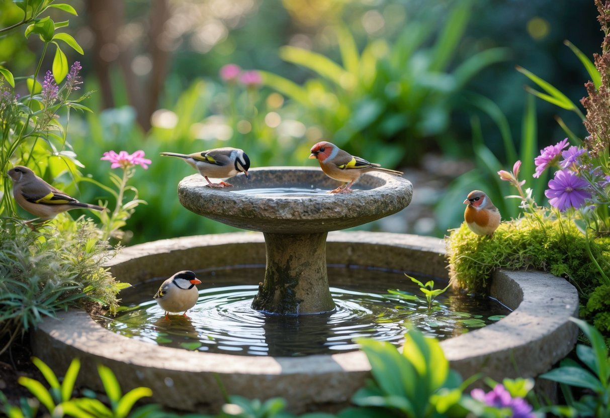 21+ Bird Bath Garden Ideas: Stunning Designs to Attract Wildlife and Enhance Your Yard 7 A stone bird bath filled with water surrounded by flowering plants and green foliage, with small birds drinking and perched around it in a garden.