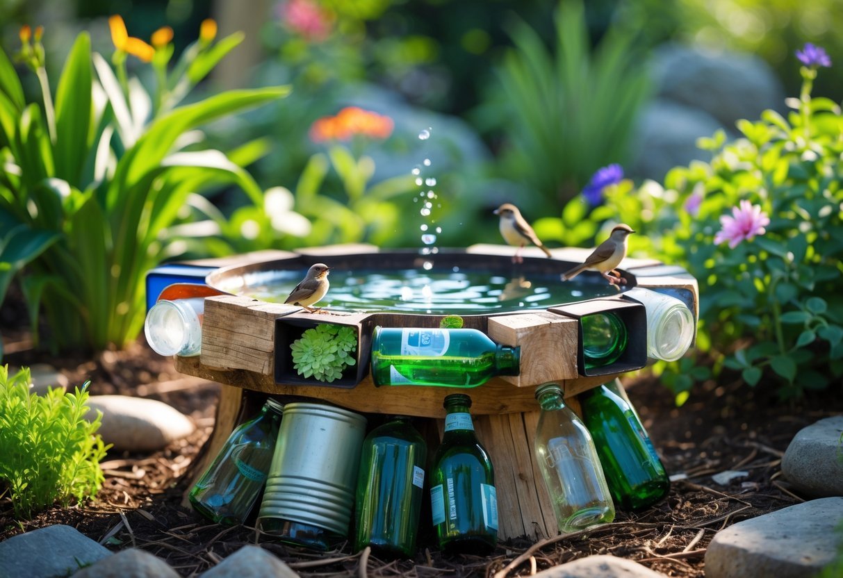 21+ Bird Bath Garden Ideas: Stunning Designs to Attract Wildlife and Enhance Your Yard 8 A bird bath made from recycled materials in a garden surrounded by green plants and flowers with small birds nearby.