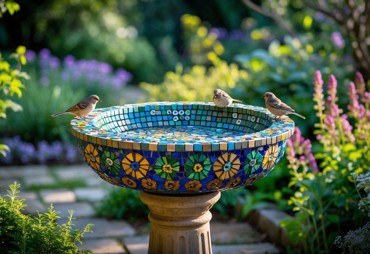 21+ Bird Bath Garden Ideas: Stunning Designs to Attract Wildlife and Enhance Your Yard 9 A mosaic tile bird bath surrounded by green plants and flowers with small birds perched on its edge in a garden.