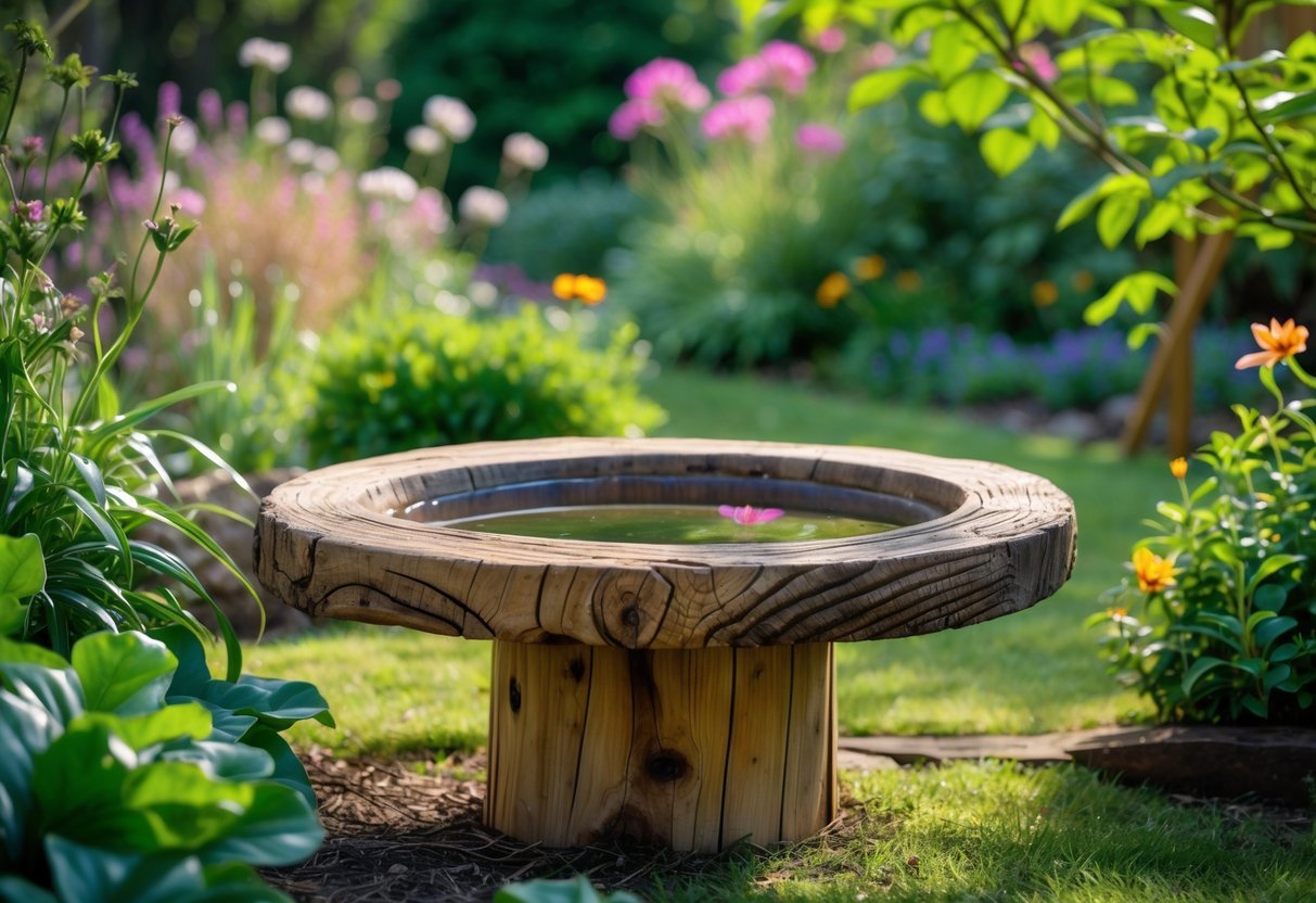 21+ Bird Bath Garden Ideas: Stunning Designs to Attract Wildlife and Enhance Your Yard 10 A rustic wooden bird bath filled with water surrounded by green plants and colorful flowers in a garden.