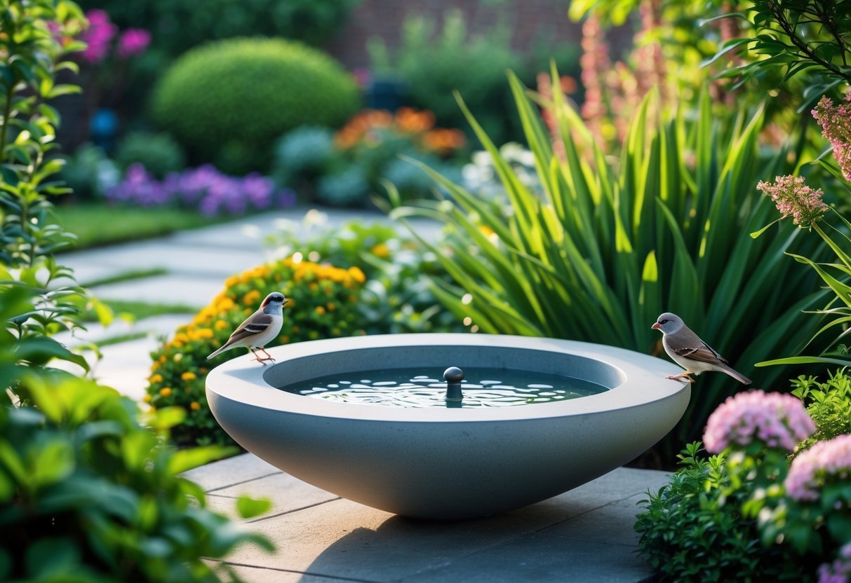 21+ Bird Bath Garden Ideas: Stunning Designs to Attract Wildlife and Enhance Your Yard 11 A floating bird bath surrounded by green plants and flowers with small birds perched on its edge in a garden.