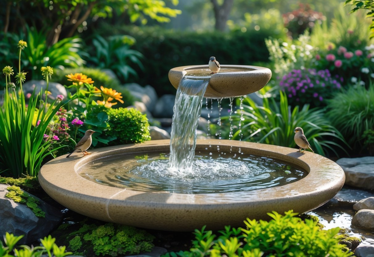 21+ Bird Bath Garden Ideas: Stunning Designs to Attract Wildlife and Enhance Your Yard 12 A garden with a stone bird bath featuring a small waterfall surrounded by green plants and colorful flowers with birds perched nearby.