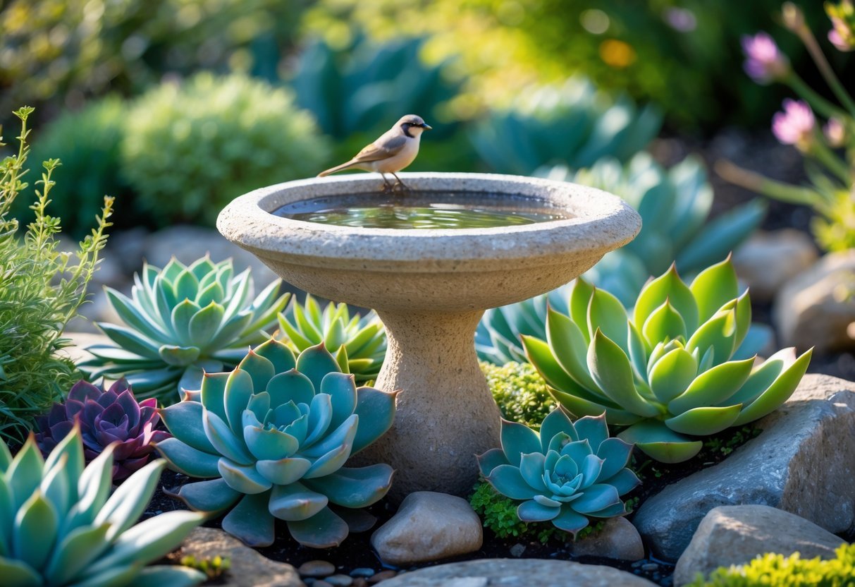 21+ Bird Bath Garden Ideas: Stunning Designs to Attract Wildlife and Enhance Your Yard 13 A stone bird bath surrounded by various green and purple succulents with small birds perched nearby in a garden.