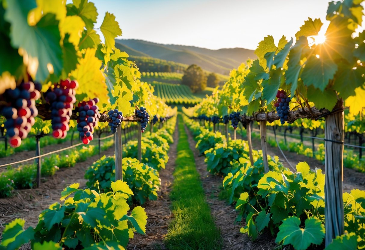 21+ Vineyard Garden Ideas to Transform Your US Backyard This Summer 2 A vineyard garden with rows of grapevines bearing ripe grapes, wooden trellises, flowering plants, and rolling hills in the background under a clear sky.