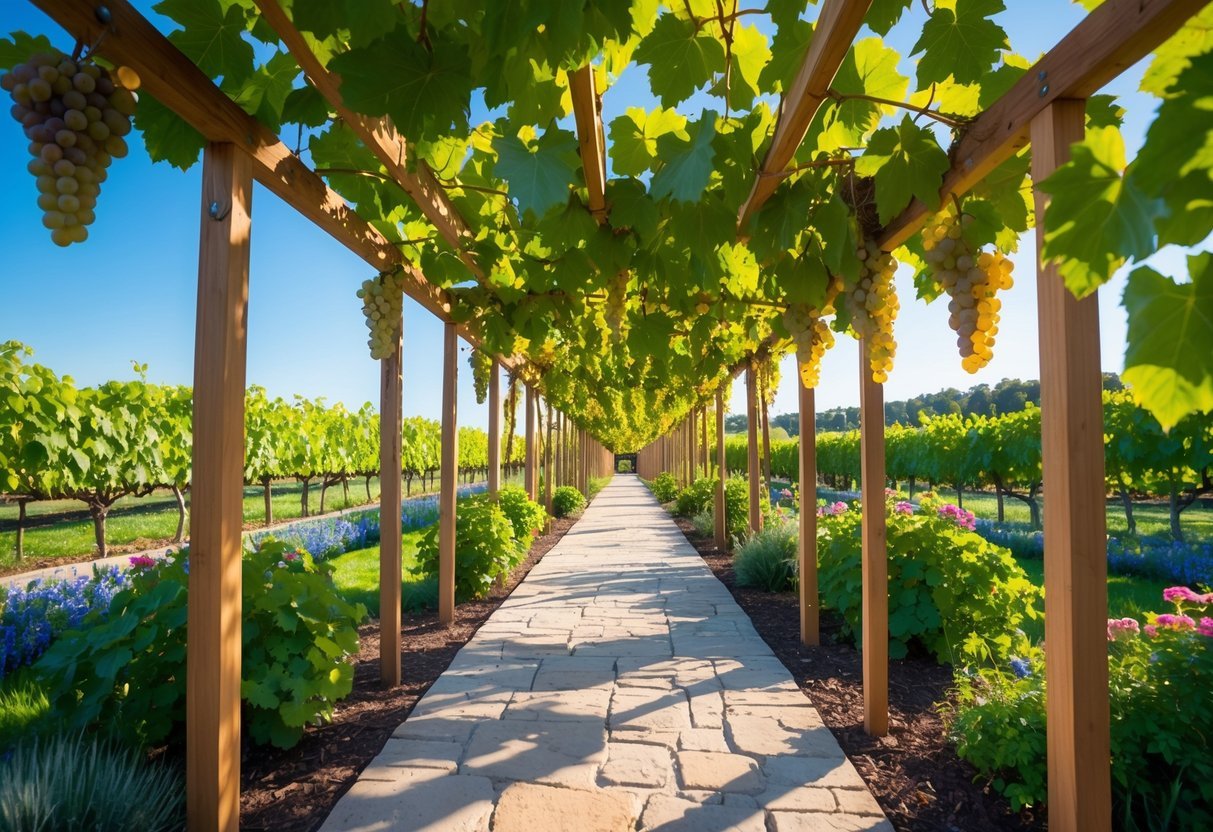 21+ Vineyard Garden Ideas to Transform Your US Backyard This Summer 3 A pergola-covered walkway in a vineyard garden with grapevines and a stone path beneath.