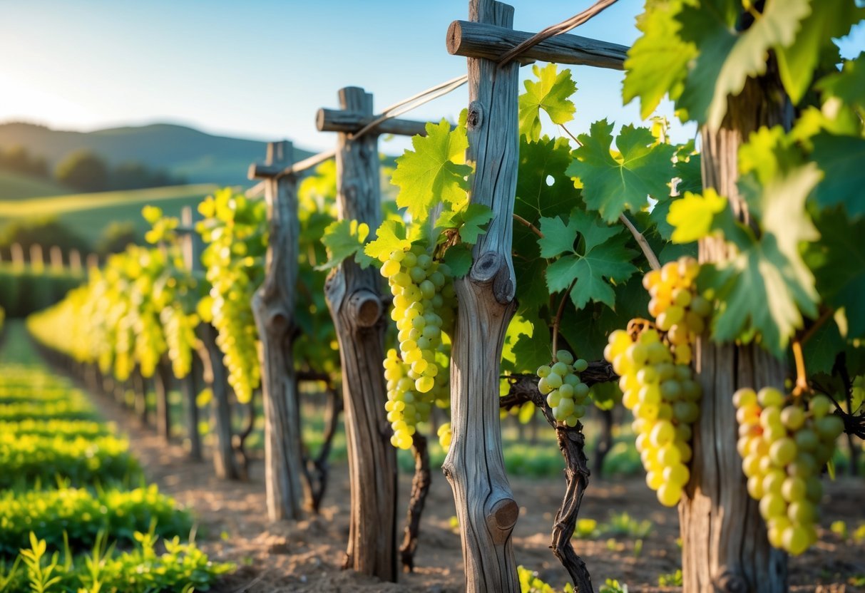 21+ Vineyard Garden Ideas to Transform Your US Backyard This Summer 4 A vineyard garden with rustic wooden trellises supporting green grapevines under a clear blue sky.