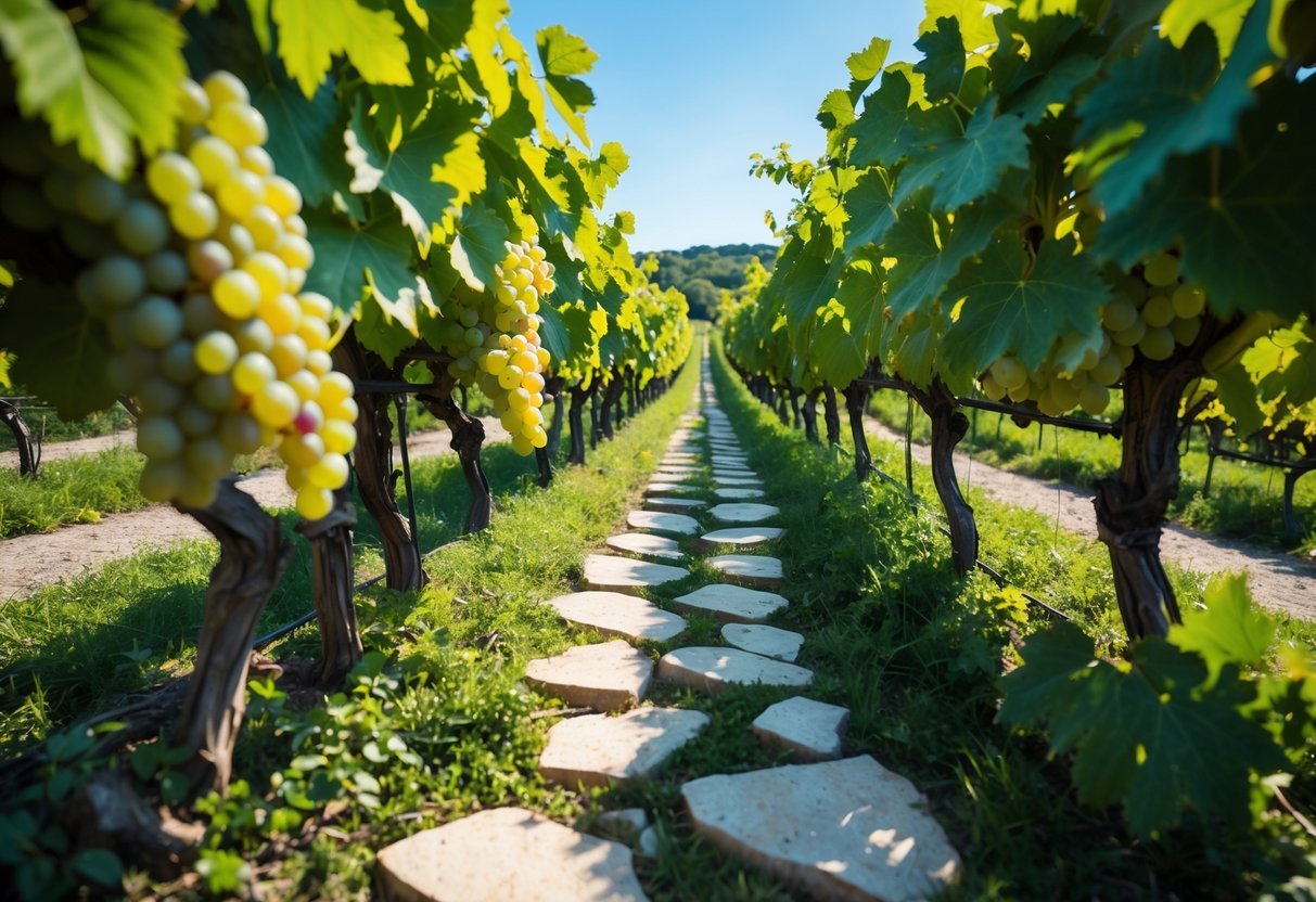 21+ Vineyard Garden Ideas to Transform Your US Backyard This Summer 5 A stone pathway winding through a vineyard with green grapevines and clusters of grapes on either side under a clear sky.