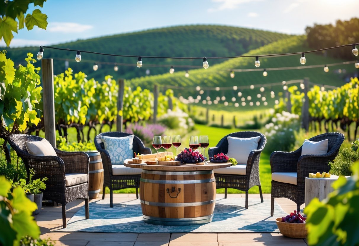 21+ Vineyard Garden Ideas to Transform Your US Backyard This Summer 6 An outdoor wine-tasting patio in a vineyard garden with a wooden table, wine glasses, grapes, cheese platters, and grapevines in the background.