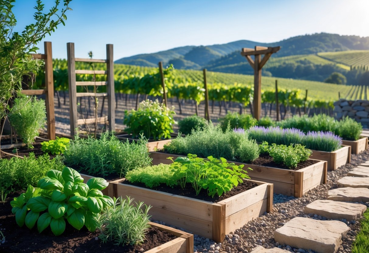 21+ Vineyard Garden Ideas to Transform Your US Backyard This Summer 7 A vineyard-inspired herb garden with wooden raised beds of herbs and grapevines in the background under a clear sky.