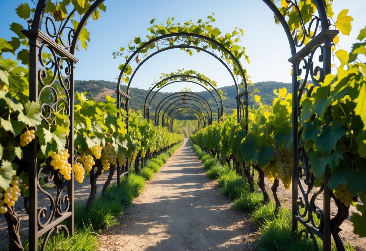 21+ Vineyard Garden Ideas to Transform Your US Backyard This Summer 8 A vineyard garden with wrought iron archways covered in climbing vines, a stone pathway, and rows of grapevines under a clear sky.