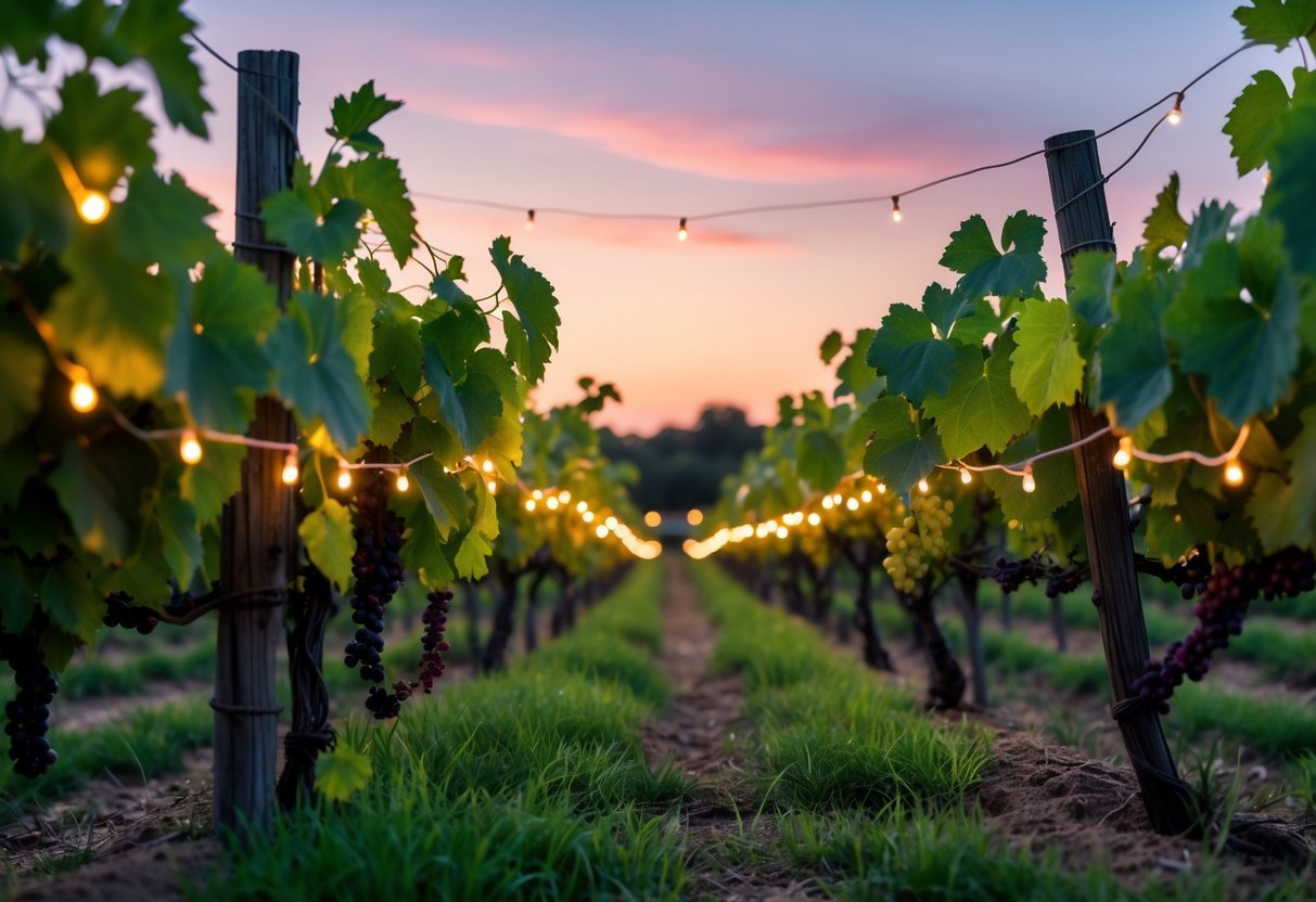 21+ Vineyard Garden Ideas to Transform Your US Backyard This Summer 10 Vineyard garden at dusk with green grapevines and warm fairy lights strung between the vines.