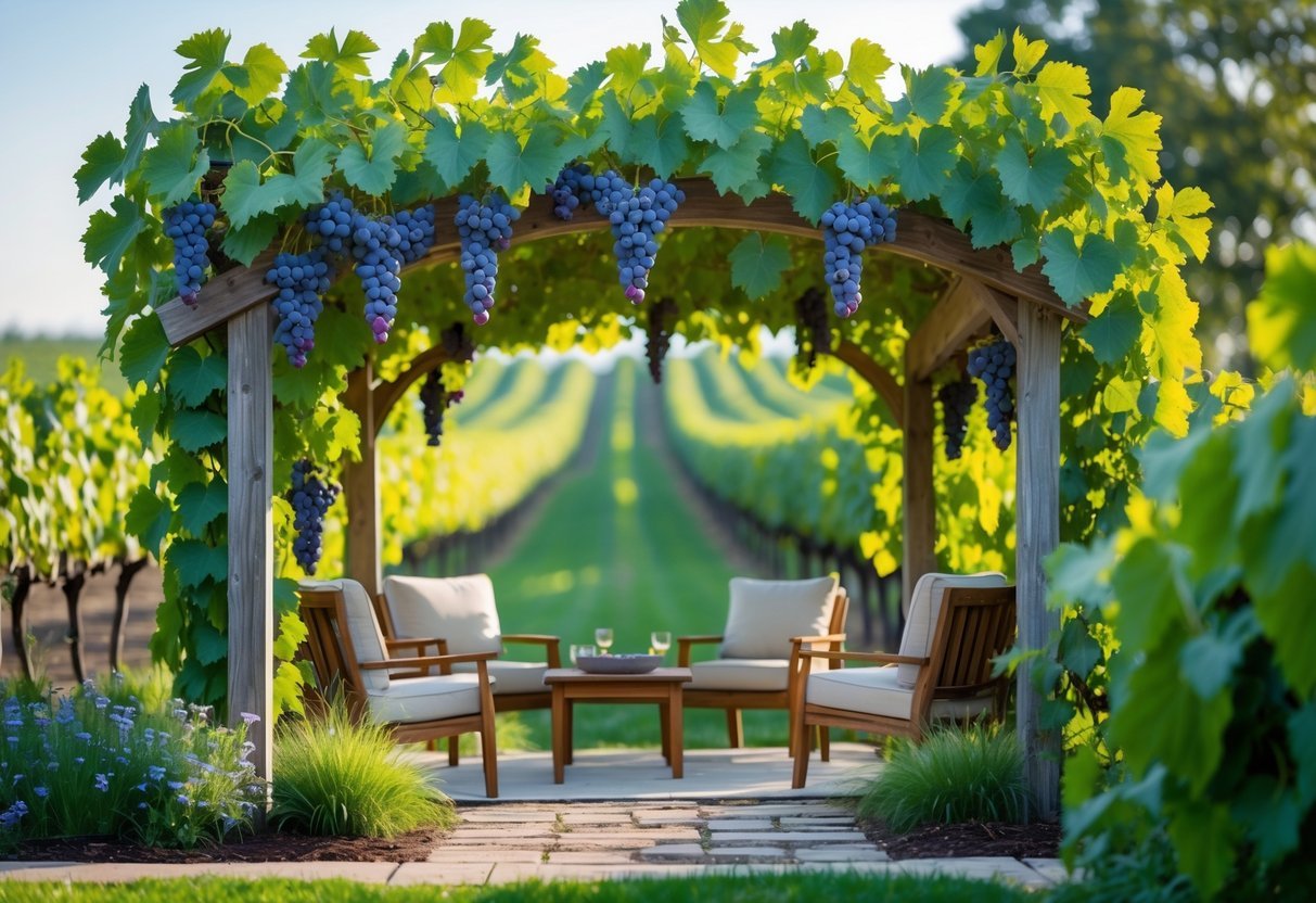 21+ Vineyard Garden Ideas to Transform Your US Backyard This Summer 11 A grape arbor with ripe grapes hanging overhead and a wooden seating area beneath it in a vineyard garden.