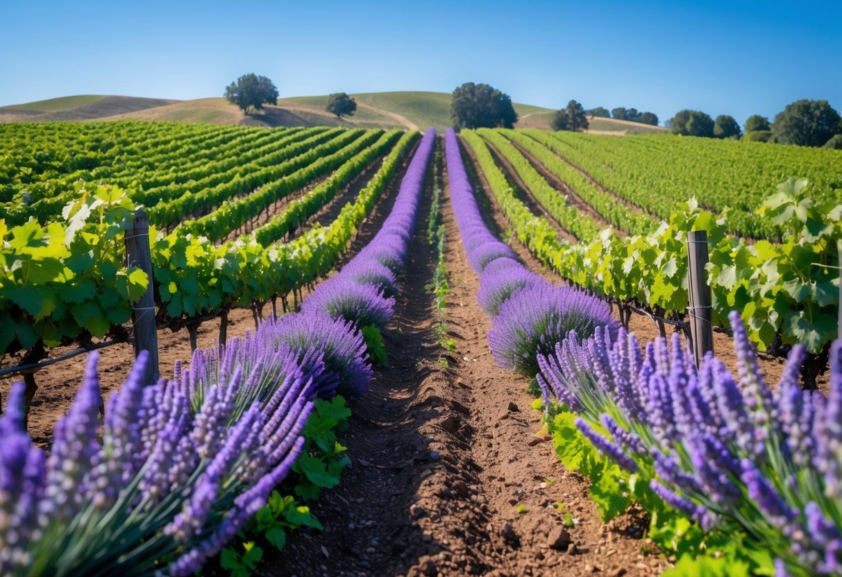 21+ Vineyard Garden Ideas to Transform Your US Backyard This Summer 12 Rows of grapevines in a vineyard bordered by blooming lavender plants under a clear sky.