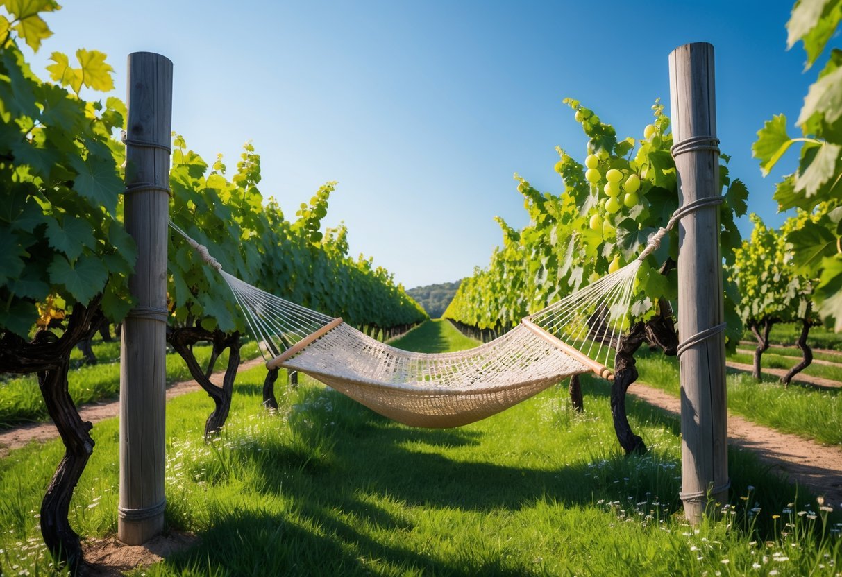 21+ Vineyard Garden Ideas to Transform Your US Backyard This Summer 13 A hammock hanging between two wooden posts in a vineyard with green grapevines and grass around.