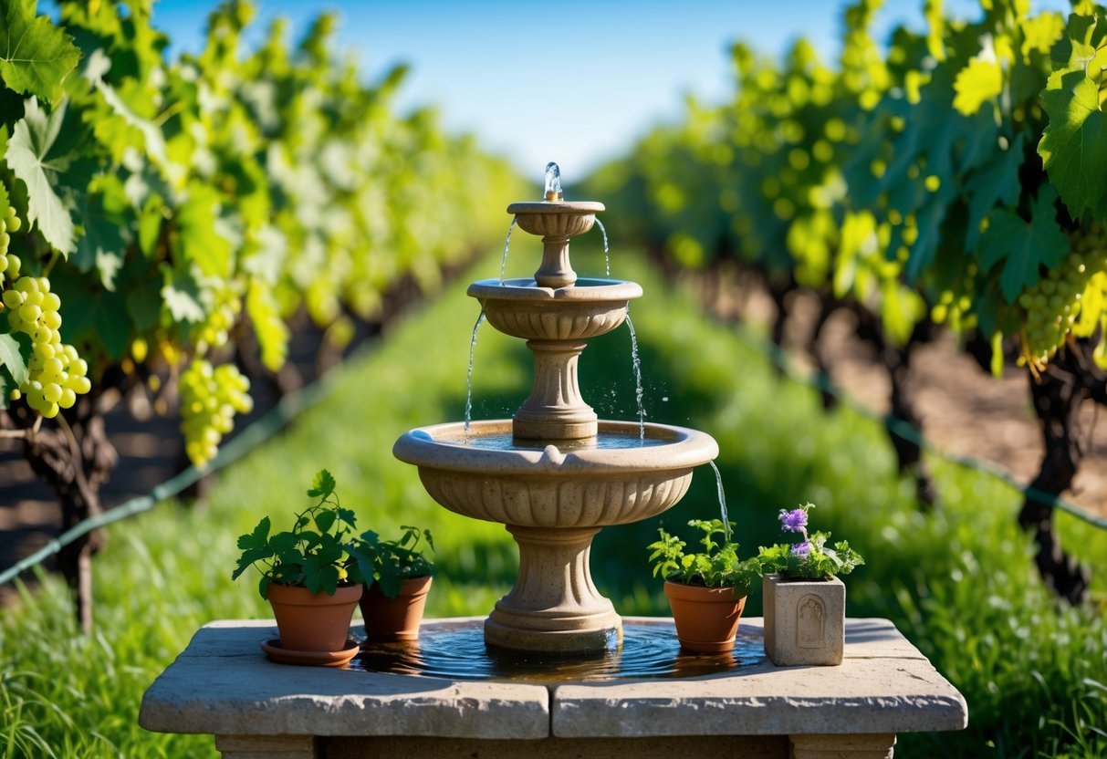 21+ Vineyard Garden Ideas to Transform Your US Backyard This Summer 14 A small stone fountain surrounded by grapevines in a vineyard garden with rows of grape plants in the background.