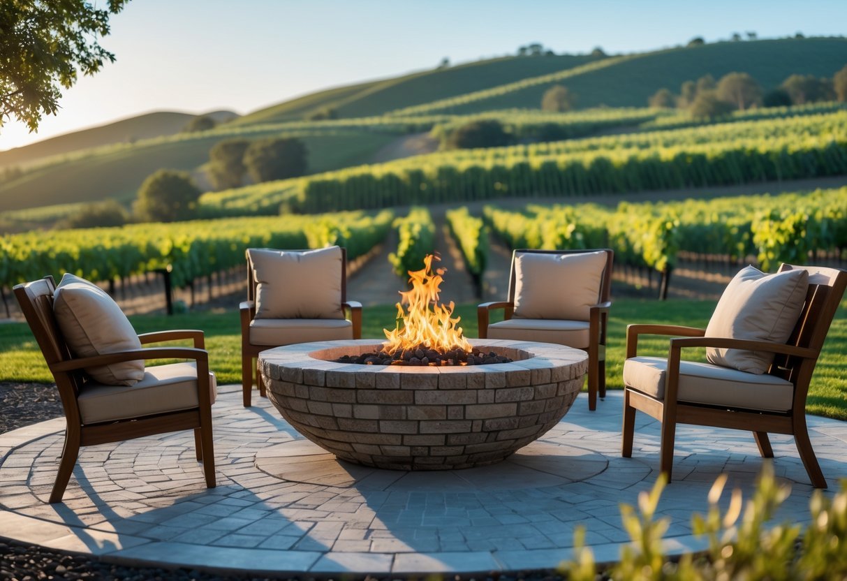 21+ Vineyard Garden Ideas to Transform Your US Backyard This Summer 15 Outdoor fire pit with chairs overlooking rows of grapevines in a vineyard garden.