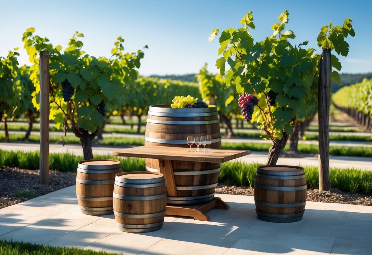 21+ Vineyard Garden Ideas to Transform Your US Backyard This Summer 16 Vintage wine barrel furniture set in a vineyard garden with grapevines and outdoor seating.